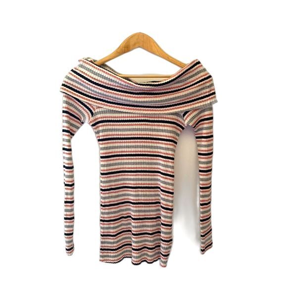 Splendid NWTs Ivory Pink Black Striped Off the Shoulder Sweater Tunic Top Size M - Picture 2 of 9